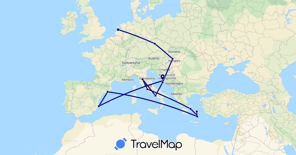 TravelMap itinerary: driving in Czech Republic, Spain, Greece, Croatia, Hungary, Italy, Netherlands (Europe)